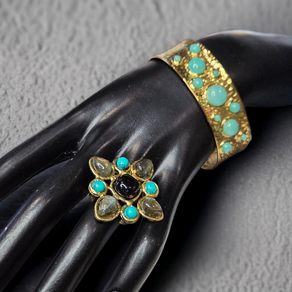 18k Gold Plated Maltese Cross Genuine Turquoise Labradorite Onyx Gemstone Ring - Picture 5 of 6